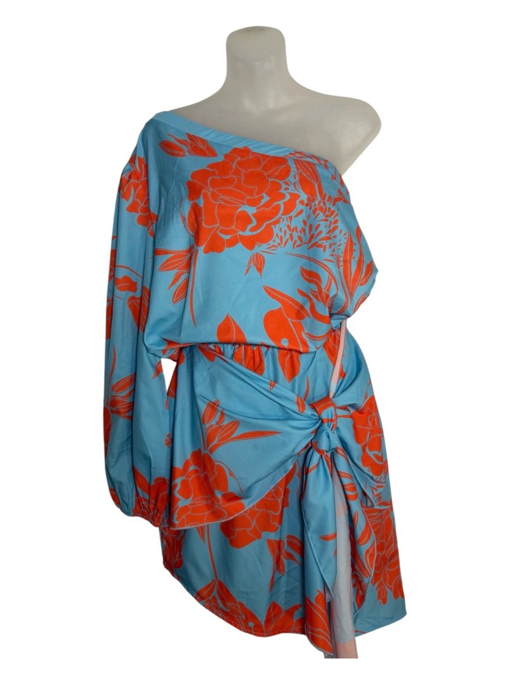 Chicken Blue & Orange Floral One-Shoulder Mini Dress Balloon Sleeve Wrap Tie S